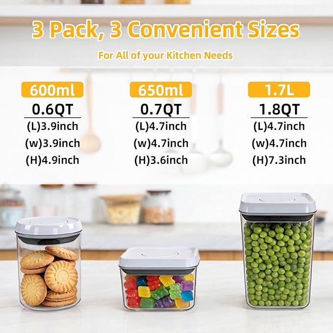 Pop Push Button Airtight Food Storage Containers with Lids | 3 Sizes: 0.65/0.7/1.8Qt for Cereal Flour Sugar Snacks Pet Food, BPA-Free Space-Saving Pantry Kitchen Canisters