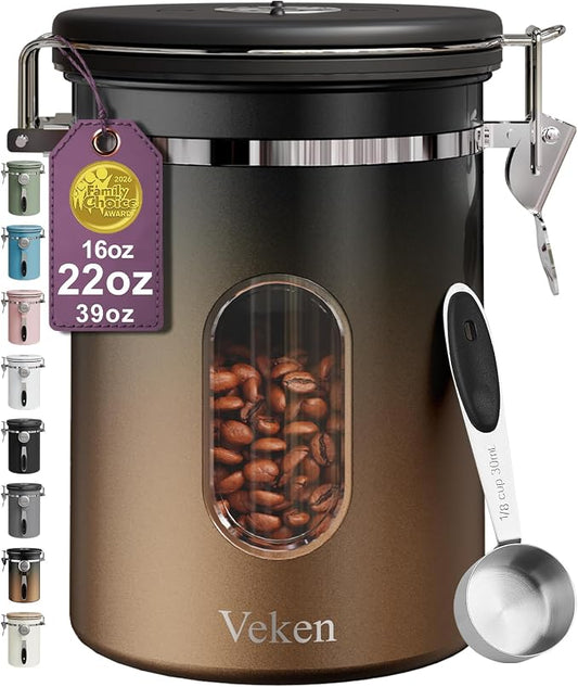 Veken Coffee Canister with Window, Airtight Stainless Steel Container, 22OZ | Kitchen Food Storage Pantry Organizers for Beans,Ground,Espresso,Rice,Tea,Sugar,Bar Accessories,Gifts,Lids,Jars, Scoop,Copper