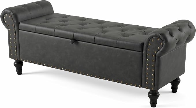 51" Storage Bench for Bedroom, Upholstered Ottoman Bench, Leather DarkGray | End of Bed Bench for Bedroom, Window Benches for Living Room, Entryway, Ottoman with Large Storage Space, Pet Friendly