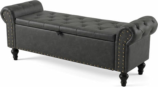 51" Storage Bench for Bedroom, Upholstered Ottoman Bench, Leather DarkGray | End of Bed Bench for Bedroom, Window Benches for Living Room, Entryway, Ottoman with Large Storage Space, Pet Friendly