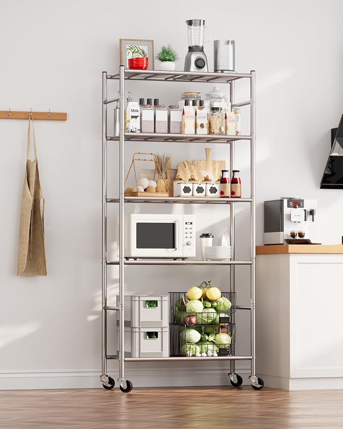 Sakugi 5-Tier Storage Shelves 33.1" x12.6' x73.5 Silver with Wheels | Kitchen, Closet, Pantry, Garage, Heavy Duty, Adjustable Feet, Metal Construction