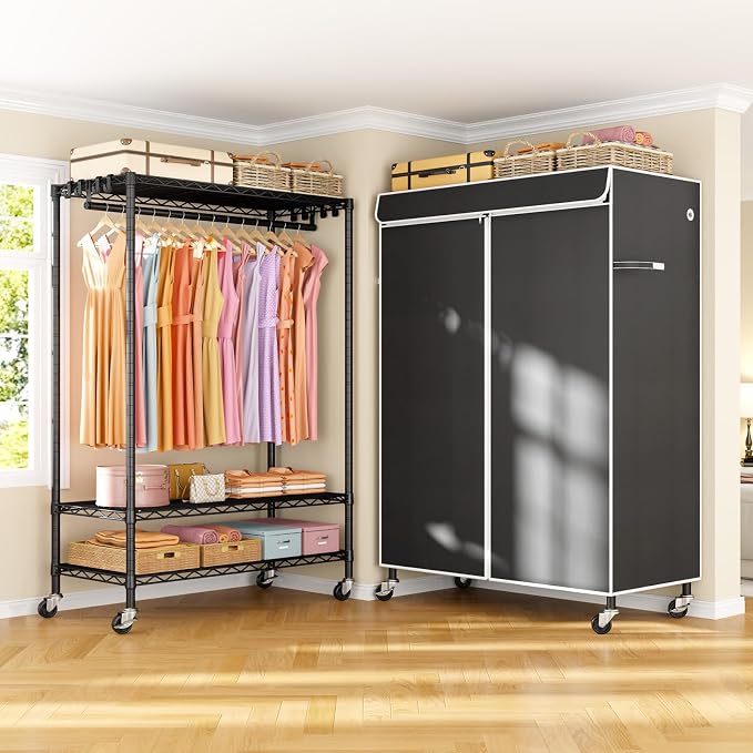 P6C Plus Rolling Clothes Rack with Cover, Covered Clothing Rack | Portable Closets for Hanging Clothes, Heavy Duty Garment Rack on Wheels, Black Closet Rack with Black Cover, Max Load 375LBS