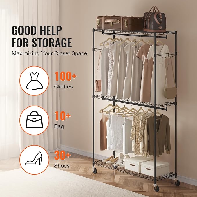 VEVOR Clothing Garment Rack, Heavy Duty Closet Wardrobe, Adjustable Tiers Clothes Racks with Steel Frame, for Bedroom, Clothing Store, Hallway