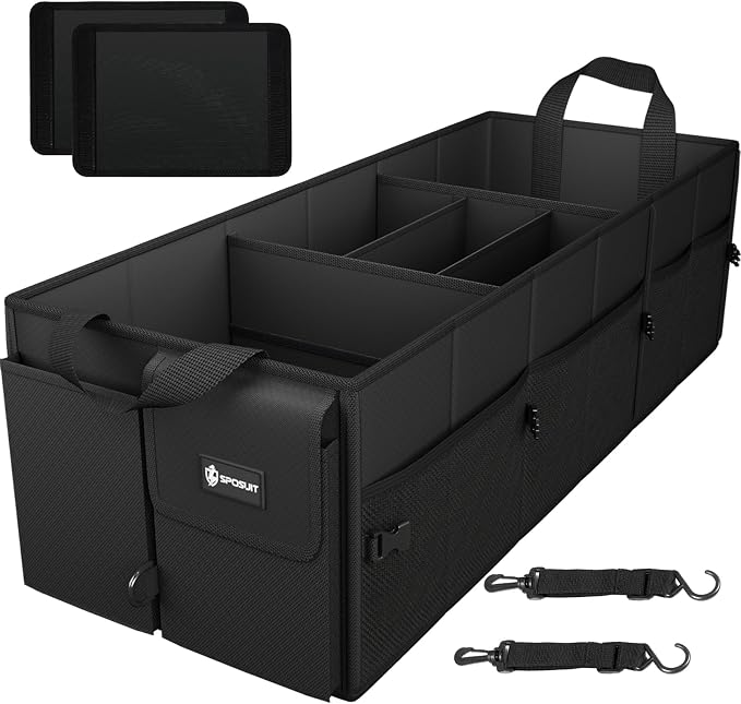 Sposuit Extra Large Trunk Organizer 98L Collapsible Car Storage Trunk Organizer with Removable Dividers & Adjustable Securing Straps for Car SUV Van