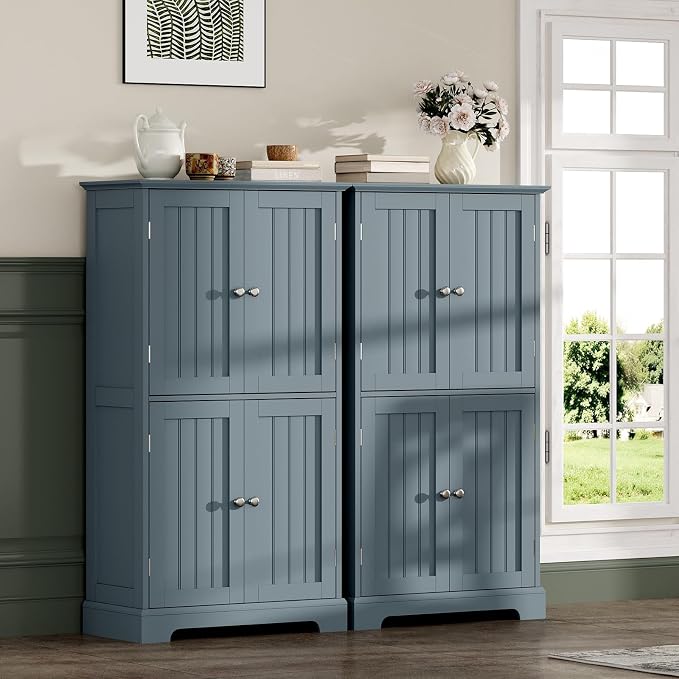 ChooChoo Bathroom Floor Cabinet with Adjustable Shelves | Bathroom Storage Cabinet, 4 Doors, Freestanding Cupboard for Living Room, Grey