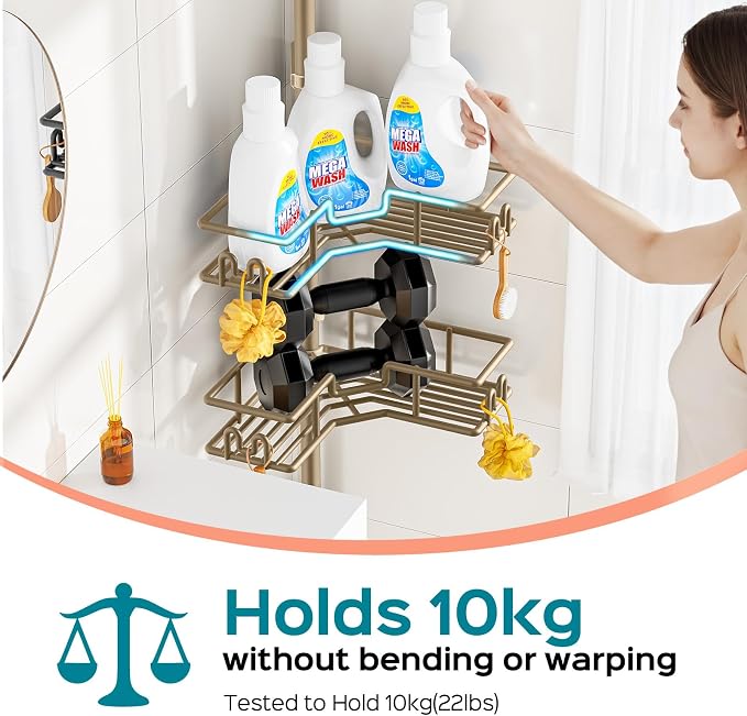 HAMITOR No-Drill Shower Rack, 4-Tier Corner Rustproof Tension Pole, Khaki | Bathroom Accessories With Hooks Renter-Friendly, 47.7-123.6in Adjustable, Space-Saving Bathtub Caddy For Family, Apartment RV
