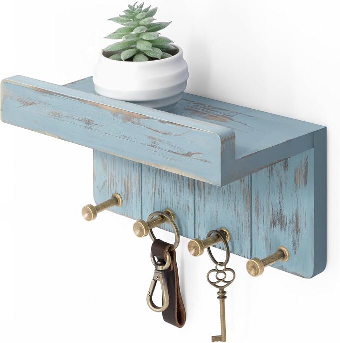Rebee Vision Key Holder Wall Mount with Shelf for Entryway, Distressed Blue | Key and Mail Holder for Wall, Shelf, 4 Key Hooks, Farmhouse Decor, Room Decor Aesthetic, Compact Home Storage, Wall Organizer