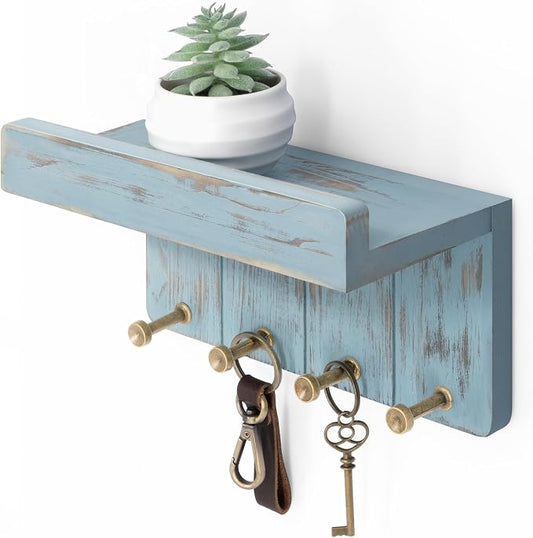 Rebee Vision Key Holder Wall Mount with Shelf for Entryway, Distressed Blue | Key and Mail Holder for Wall, Shelf, 4 Key Hooks, Farmhouse Decor, Room Decor Aesthetic, Compact Home Storage, Wall Organizer