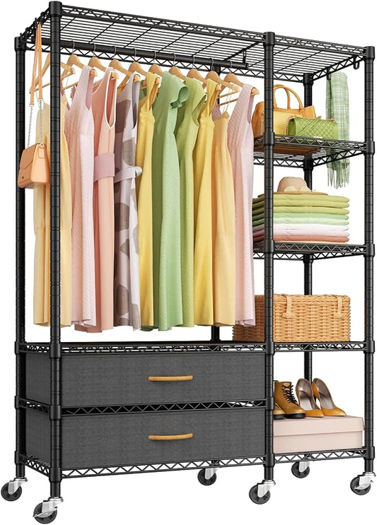 Ulif F3R Heavy Duty Clothes Rack（With Lockable Wheels）Freestanding Clothing Racks for Hanging Clothes，Adjustable Closet Organizer System，Portable Garment Rack 40"W x 15"D x 74"H，Max Load 700LBS，Black