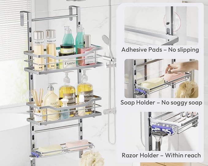 SWTYMIKI Over the Door Shower Caddy - 3 Tier Adjustable Shower Organizer Hanging with Soap Holder, No Drilling Stainless Steel Bathroom Rack Hanging for Body Wash, Shampoo, Soap, Razor, Silver