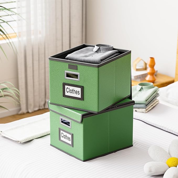 File Organizer Box with Lids, Collapsible File Folder Organizer | File Box with Plastic Slides for Document, Filing Bin for Letter Size Hanging File Folders (1 Pack, Green, Leather)