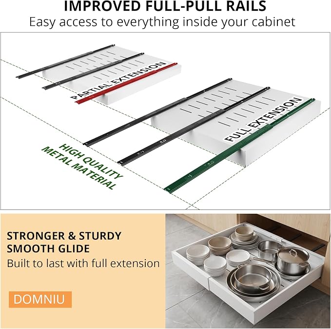 DOMNIU 4 Pack Pull Out Cabinet Organizers Expandable Width (12.4''-20.27'') | Upgrade 3 Slide Rails Sliding Drawer for Kitchen Cabinet Organizer with Adhesive Nano Film, White