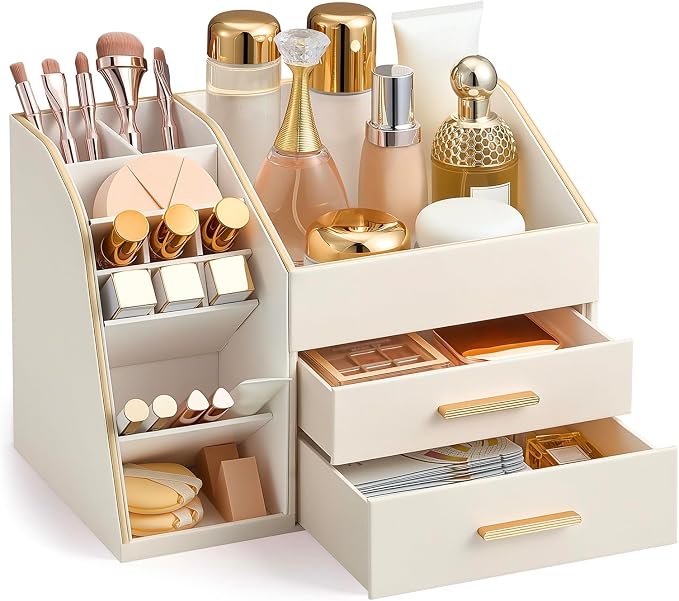 Lolalet Makeup Organizer Countertop with Drawers, Easy to Clean PU Leather Storage Box, 3-Layer Cosmetic Holder for Skincare, Lipstick, Perfume & Brush, Display Case for Vanity Dresser Bathroom -Cream