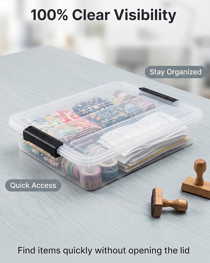EOENVIVS 4-Pack Transparent Flat Storage Bins with Lids Dual Color Buckle Stackable Storage Boxes, Clear Sensory Organizer Boxes for A4 Files Stationery Office Home Apartment Storage