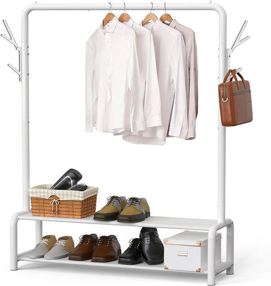 Simple Houseware 52" W Freestanding Closet Garment Rack with Shelves, White | With 600D Fabric Shelves, Hanger Stoppers, and Hooks for Coat & Hat