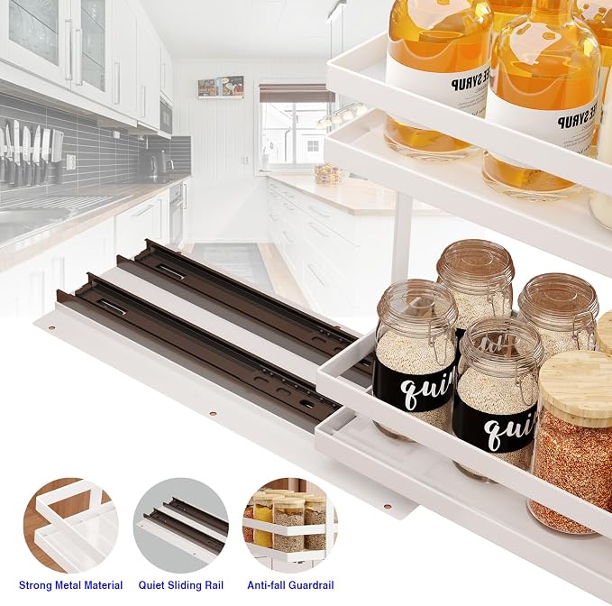 Mustorn 4 Pack Pull Out Spice Rack Organizer for Cabinet, 2 Tier Metal Slide Out Seasoning Organizer and Storage Heavy Duty Vertical Spice Rack Shelf Pullout for Kitchen Cabinets No Drilling (White)