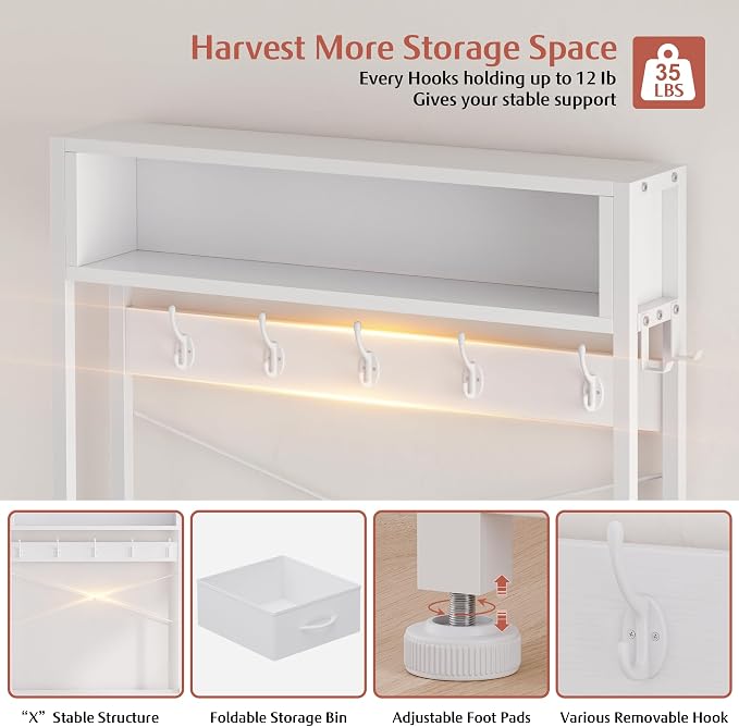 Hall Tree with Bench and 3 Drawers Storage, 31.5" Coat Rack Freestanding | White, 6-in-1, Top Cubby, 12 Coat Hooks, Adjustable Shoe Rack, Sturdy Metal Frame, Entryway Organizer