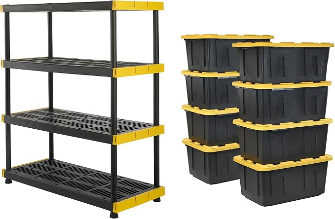 CX Heavy Duty 4-Tier Garage Storage Shelves + 8-pack 27-Gallon Bins & Lids | Garage organizing system with 4-tier shelf + 8 plastic 27-gal totes, 200 lbs/shelf, 50.1H x 48W x 20D, Black & Yellow