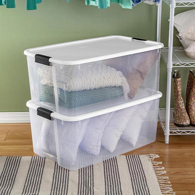 Sterilite Ultra Latch Box with Lids for Home and Office, 116 Quart, 12-Pack | Heavy-Duty and Stackable Plastic Containers with Latches for Closet, Cabinet, Bedroom, Bathroom and Dorm Room Organization