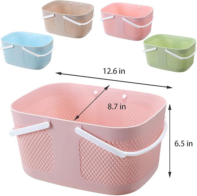 rejomiik Portable Plastic Shower Caddy Basket Organizer with Handles, Pink | Large Capacity Storage Tote for Bathroom, College Dorm Essentials, Bath Toy Storage, Kitchen