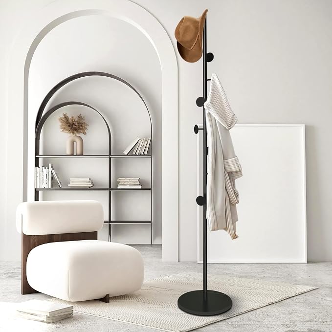 Coat Tree Freestanding, Metal Coat Rack Tree with 8 Hooks, Free Standing Hanger for Hats Scarves Purses Umbrellas, Coat Stands with Stable Base for Entryway Bedroom, Black