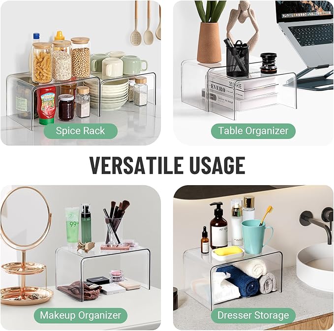 Bobomoment Clear Cabinet Organizer, Stackable Shelf Organizer Set of 2 | Kitchen Pantry Organizers and Storage, Display Cabinet Shelf Countertop Desk Shelves, Patented Spice Organization