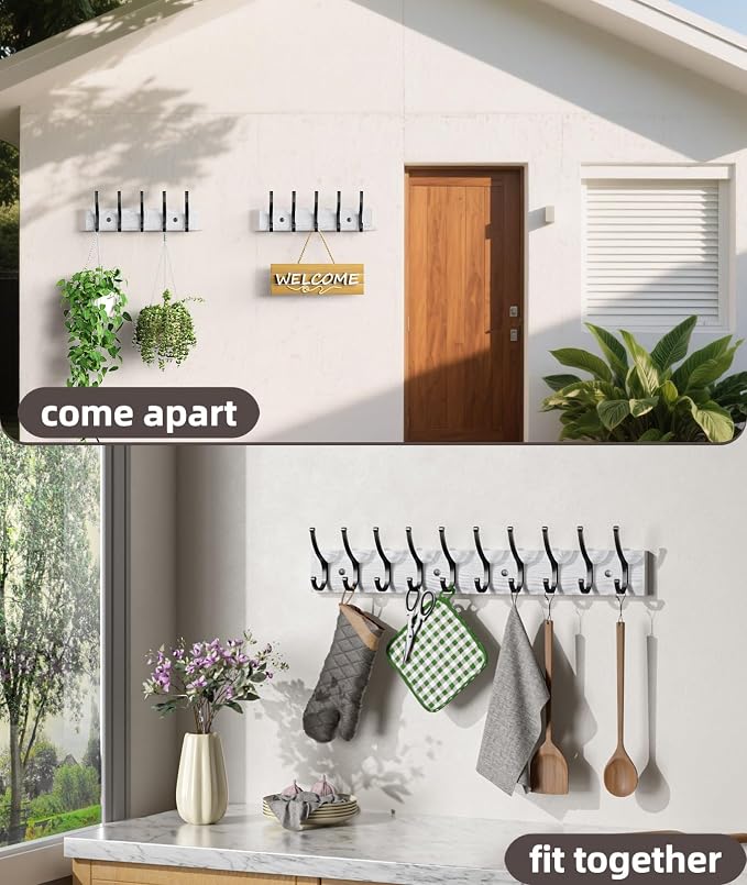 Optish 1 Pack Wooden Coat Rack Wall Mount, 16.1" Rustic Coat Hanger Hooks with 5 Double Hooks, Wall Coat Rack for Hat, Clothes, Bags, Jacket, White
