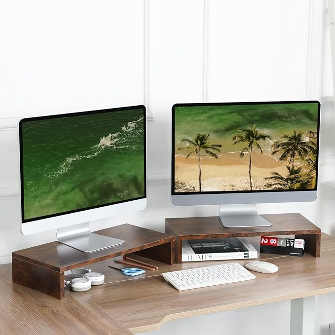 TEAMIX 2-Pack Monitor Stand Riser 20 inch, Wooden Tabletop Shelf, Brown | For 2 Monitors, Laptop, Printer, TV, PC Tower, Rustic Brown Monitor Riser with Storage, Computer Stand Ergonomic Design