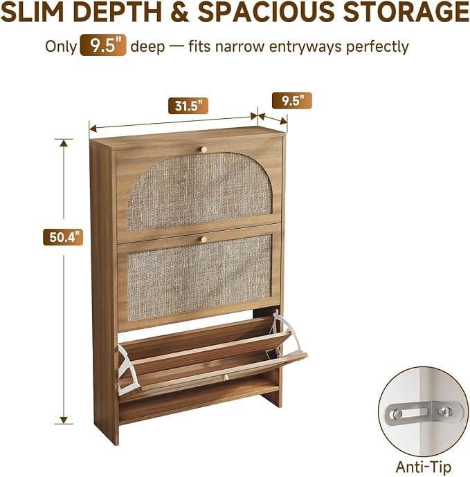 Nicetree Shoe Storage Cabinet for Entryway, Slim Arched Rattan Accent Shoe Cabinet with 3 Flip Drawers & 3-Tier Adjustable Shelves, Modern Boho Shoe Storage Cabinet, Narrow Shoe Rack for Small Spaces