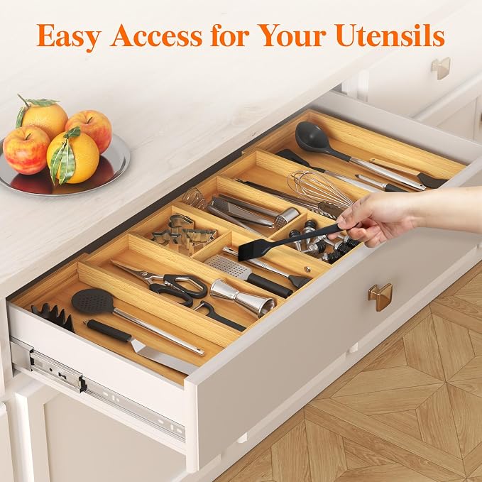 Lifewit Expandable Utensil Organizer for Kitchen Drawer, Cutlery Holder | Adjustable Cooking Silverware Tray, Bamboo Flatware Spatula Tools Gadgets Storage Divider, 21-36 x 16", Natural