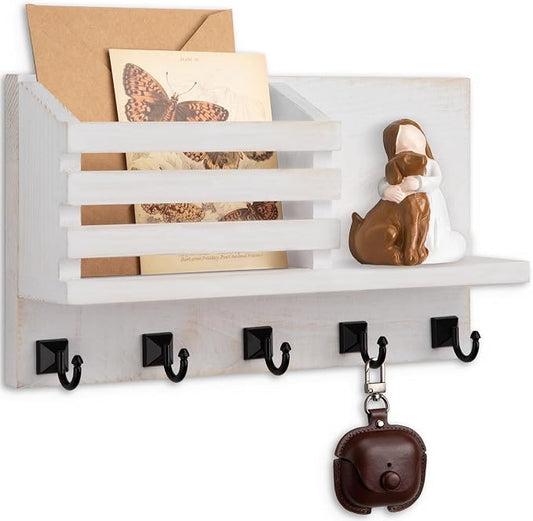 Key Holder Wall Mount, Mail Organizer for Wall with 5 Square Rustic Key Hooks Key Shelf Farmhouse Home Decor for Entryway