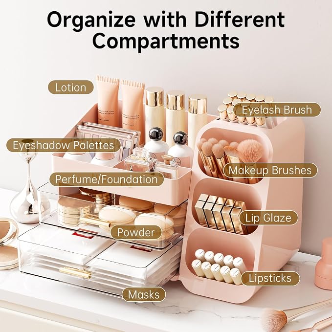 UFORU Makeup Organizer Countertop with Brush Holder for Vanity Bathroom | Large Capacity, Thickened Plastic, 2 Clear Drawers, Compact Size, Detachable Brush Holder, Divided Compartments, Easy Access
