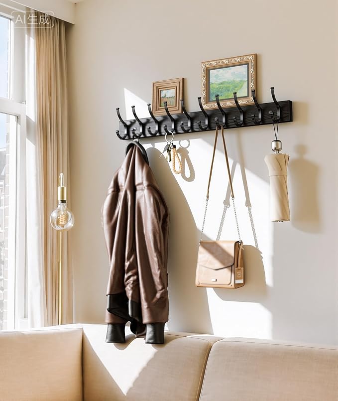 Optish 2 Pack Wooden Coat Rack Wall Mount, 16.1" Rustic Coat Hanger Hooks Wall Mount, Wall Coat Rack for Hat, Clothes, Bags, Jacket - Black