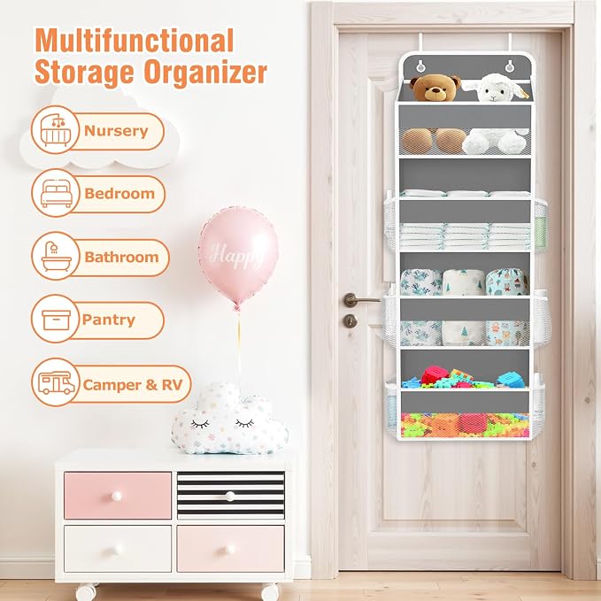 Over The Door Organizer Storage Large Capacity Hanging Bedroom Storage | 4 Shelves, 40 LB Capacity, Foldable Mesh Design, Clear Window, Sturdy, Large Storage Organizer for Nursery, Pantry & Closet