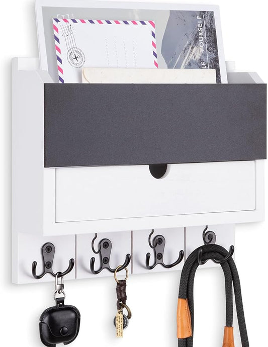 Mail and Key Holder Wall Mount with Storage Drawer & Chalkboard Panel | Modern Wooden Mail Organizer for Wall Entryway, 7 key hooks, Stylish Home Decor for Apartments, Living Room, Office
