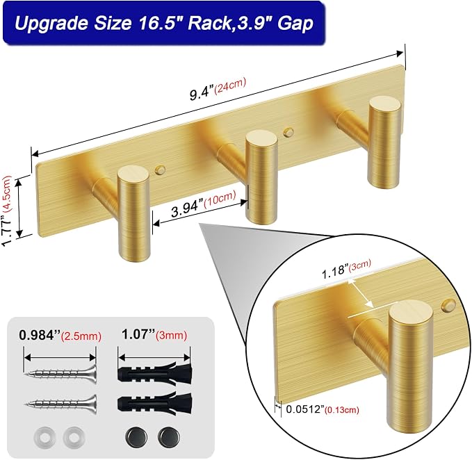 Bntuk Coat Rack Wall Mount - 3 Coat Hooks, Towel Racks for Bathroom Robes Bags Keys, Hat Rack Wall Towel Hooks Organizer (Gold)