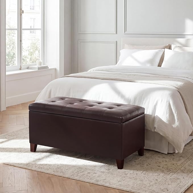 Storage Ottoman Bench, 33" Faux Leather Upholstered End of Bed Bench with Safety Hinge,Wooden Legs,for Entryway Bedroom Living Room,Chocolate Brown
