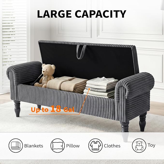 60" Corduroy Storage Bench, Queen End of Bed, Grey | Corduroy Upholstered, Bedroom/Entryway/Closet, Storage Ottoman Bench, Window Seat, Lift-Top, Tufted Button, Solid Wood Legs.