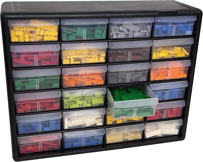 Akro-Mils 24-Drawer Plastic Storage Cabinet, 20" W x 6" D x 16" H, Black | Plastic Cabinet w/ Drawers for Garage Organization, Beads, Building Bricks Storage, Teacher Toolbox, Makeup Organizer, 10124