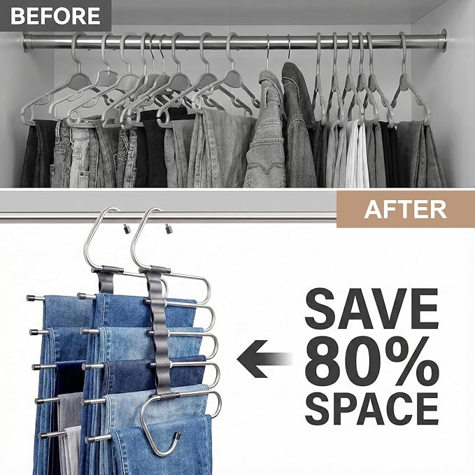 Pants Hangers Space Saving, 5 Tier Jeans Hanger for Closet, Black Multiple Heavy Duty Stainless Steel Pant Rack for Trousers, Legging with 20 Clips (4 Pack)