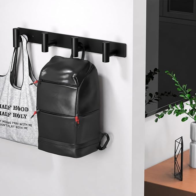 Wall Mounted Coat Rack-4 Hooks, Heavy Duty Stainless Steel Wall Hooks for Towel Coat Bag, Hat Rack Coat Hanger Coat Hooks Towel Racks for Bathroom Entryway Kitchen Hotel Office (Black, 1 Pack)