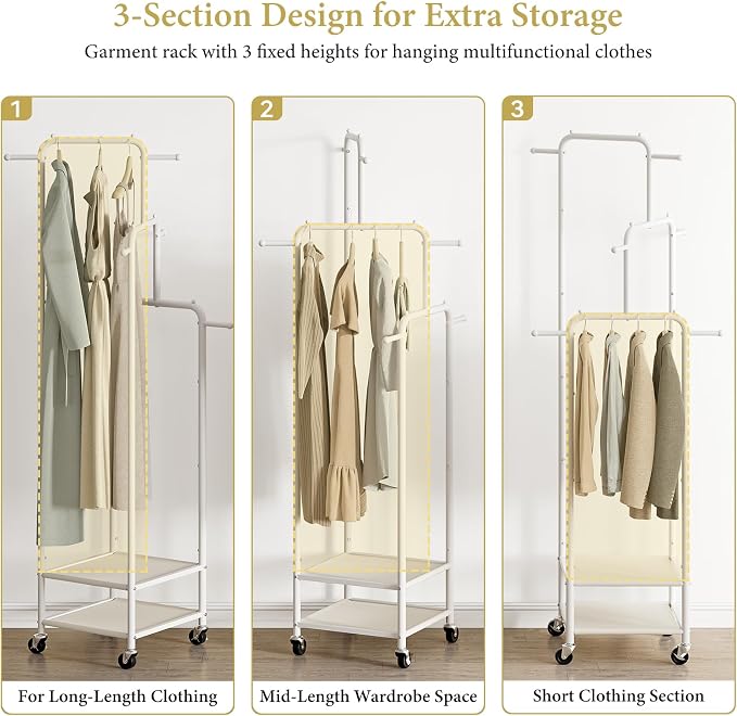 Chrislley Small Clothing Rack With Wheels & 2 Shelves, Narrow Clothes Rack | 3-Section Different Heights Metal Rolling Garment Rack, 71" Tall Portable Coat Rack with 6 Hooks for Bedroom, Entryway, White