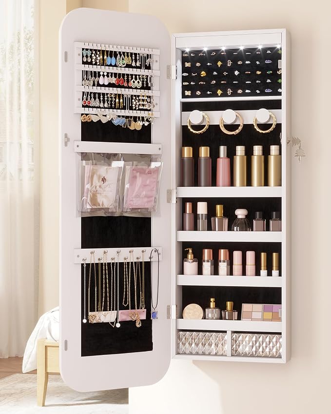6 LEDs Mirror Jewelry Cabinet Door Hanging, 42.5", Lockable, White | Jewelry Organizer with Full Length Mirror, Wall Mounted Large Jewelry Storage for Earrings, Rings, Necklaces