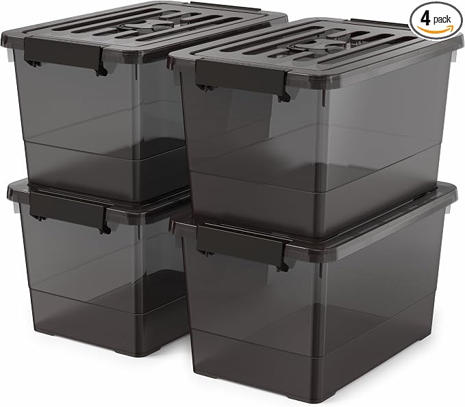 17 Qt Stackable Storage Bins with Lids, Black Clear Locking Plastic Storage Containers with Latches, Organizer Totes for Closet Pantry Bedroom Garage, Space Saving Nesting Storage Box（4 Pack）