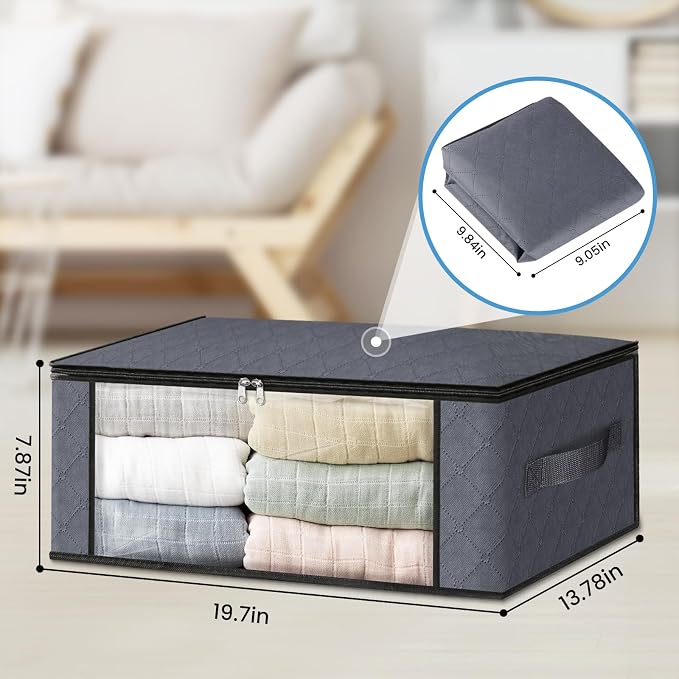 HomeHacks 8-Pack Clothes Organizer Storage Bags, 35L Storage Bins, Gray | Foldable Storage Box Container with Zippers, Clear Window, Reinforced Handles for Closet, Dorm, Pillows, Bedding, Sweater