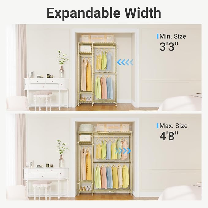 VIPEK X20 Expandable Metal Clothing Rack Adjustable from 3'3" to 4'8" Heavy Duty Garment Racks With Shelves and Hanger Rods Portable Wardrobe Open Closet System, Gold