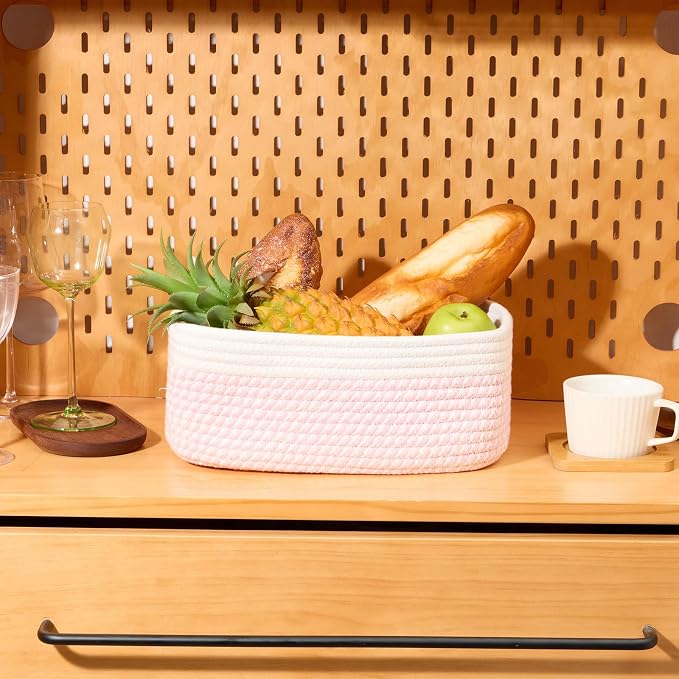 MiniArk Small Storage Baskets for Organizing | Closet Organizer Bins | Shelf Toy Basket | Woven Rope Baskets | Cube Decorative Box | Shallow Basket | 11.5x7.5x4.7” | 4 Packs White Pink