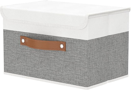 OUTBROS Collapsible Storage Boxes, 15x9.8x9.8 inch (White/Grey, 1-Pack) | Storage Cubes with Lid, Linen Fabric Wardrobe Baskets, Large Box For Towels, Clothes