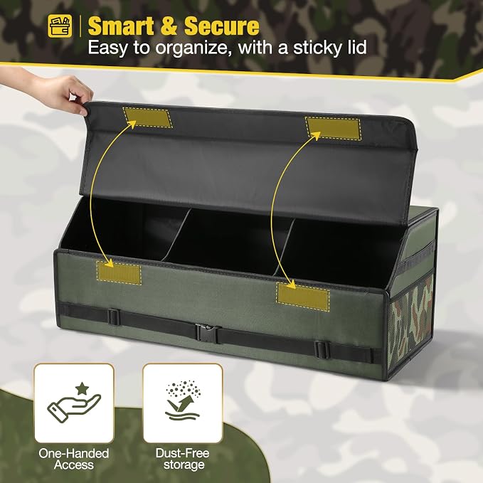 Fyzeoty Car Trunk Organizer for SUV and Sedan, Tactical‑Green, 29.5 in | Tactical & Aerospace Oxford, Extra‑Large, Hinged Lid, Collapsible & Adjustable, Water‑Resist & Dust‑Proof
