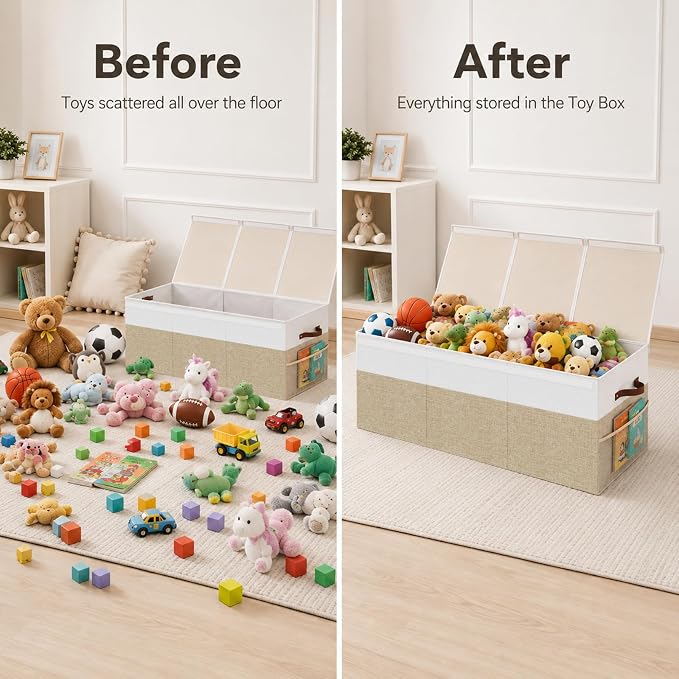 150L Extra Large Toy Storage Box with Lid for Boys Girls Nursery Playroom | Collapsible with Lid, Removable Divider, 40"x14"x16", Side Pockets, For Nursery, Living Room, Playroom